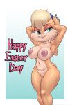  anthro big_breasts big_ears blonde_hair blue_eyes breasts female fur genitals hair hi_res lagomorph leporid lola_bunny looney_tunes mammal nude pussy rabbit ruruduu simple_background smile solo warner_brothers 