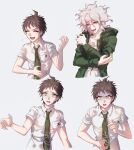  2boys :d ahoge bangs breast_pocket brown_hair closed_eyes collarbone collared_shirt commentary_request cropped_torso crossed_arms danganronpa_(series) danganronpa_2:_goodbye_despair derivative_work eyebrows_visible_through_hair freckles green_eyes green_jacket green_neckwear grey_eyes grey_hair gwanlamcha hand_up highres hinata_hajime hood hood_down hooded_jacket jacket komaeda_nagito looking_down male_focus messy_hair multiple_boys multiple_views necktie open_mouth pocket print_shirt saliva shiny shiny_hair shirt short_hair short_sleeves smile sweat upper_body white_shirt 