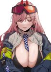  1girl :d absurdres banssee bikini bikini_top black_bra blush bra breasts cleavage collared_shirt duplicate earrings eyewear_on_head girls_frontline hair_between_eyes heart heart_earrings highres jacket jewelry large_breasts long_hair looking_at_viewer mole mole_under_eye open_clothes open_jacket open_mouth open_shirt pink_hair police police_uniform red_eyes shirt sig_mcx_(girls_frontline) simple_background smile solo swimsuit underwear uniform upper_body veins veiny_breasts white_background white_shirt 