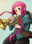  1girl bag belt blue_eyes braid breast_pocket brown_belt dated gradient gradient_background holding holding_instrument instrument juliet_sleeves long_hair long_sleeves metal_slug metal_slug_attack pink_hair pocket puffy_sleeves sasisage satchel sisilia_(metal_slug) smile solo trumpet twin_braids 