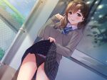  bow brown_eyes brown_hair long_hair original panties school_uniform skirt_lift super_nagoyaka underwear 