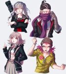  2boys 2girls arm_up bandaged_arm bandaged_hand bandages bangs black_headwear black_jacket black_shirt blush braid clenched_hand collared_shirt commentary_request crossed_arms danganronpa_(series) danganronpa_2:_goodbye_despair derivative_work dress_shirt flipped_hair glasses grey_hair gwanlamcha hair_ornament hair_ribbon hairclip hand_up hat heterochromia highres hood index_finger_raised jacket light_brown_hair long_hair long_scarf long_sleeves looking_at_viewer looking_away medium_hair multicolored_hair multiple_boys multiple_girls nanami_chiaki neck_ribbon neckerchief open_clothes open_jacket open_mouth pale_skin pekoyama_peko pink_eyes pink_ribbon print_shirt purple_scarf ribbon rimless_eyewear sailor_collar scarf school_uniform shirt shirt_tucked_in short_hair side_braid simple_background skirt sleeves_past_wrists sleeves_pushed_up smile souda_kazuichi spaceship_hair_ornament tanaka_gandamu tears twin_braids two-tone_hair two-tone_shirt undercut upper_teeth white_background white_ribbon white_shirt yellow_jumpsuit 