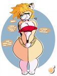  2020 anthro big_breasts bite biting_lip blonde_hair blue_eyes breasts canid canine canis cleavage clothed clothing curvy_figure dialogue digital_media_(artwork) english_text female fingers fur hair hi_res hourglass_figure huge_breasts inkit89 katie_the_wolfy looking_at_viewer mammal midriff multicolored_body multicolored_fur panties piercing simple_background smile solo talking_to_viewer tattoo teeth text thick_thighs thong topwear tube_top underwear voluptuous white_body white_fur wide_hips wolf yellow_body yellow_fur 