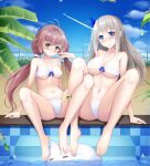  2girls bikini blue_eyes blue_sky breasts brown_hair day feather_hair_ornament fengli_(709622571) green_eyes highres large_breasts lexington_(warship_girls_r) long_hair low_twintails multiple_girls navel outdoors platinum_blonde_hair poolside sitting sky small_breasts swimsuit swimwear twintails very_long_hair warship_girls_r white_bikini 