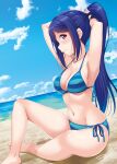  1girl barefoot bikini blue_hair blue_sky breasts cleavage cloud day dutch_angle highres hino_minato_(spec.c) holding holding_hair long_hair looking_at_viewer love_live! love_live!_sunshine!! matsuura_kanan medium_breasts ocean outdoors ponytail profile purple_eyes side-tie_bikini sitting sky solo striped striped_bikini swimsuit 