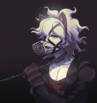  1boy animal_ears bangs black_background black_jacket blue_eyes cat_ears chain collar collarbone crossed_arms danganronpa_(series) danganronpa_another_episode:_ultra_despair_girls fake_animal_ears fang gloves gradient gradient_background grey_hair gwanlamcha holding holding_chain jacket komaeda_nagito long_sleeves looking_at_viewer male_focus metal_collar muzzle official_alternate_costume open_clothes open_jacket open_mouth pale_skin restrained shirt solo striped striped_gloves striped_shirt upper_body 