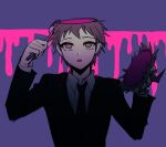  1boy :o ahoge bangs black_jacket black_neckwear blood brown_eyes brown_hair collared_shirt danganronpa_(series) danganronpa_3_(anime) fork formal gloves gwanlamcha highres hinata_hajime holding holding_fork holding_head jacket long_sleeves looking_up male_focus necktie official_alternate_costume open_mouth pink_blood purple_background shirt short_hair simple_background solo suit symbol_commentary tagme upper_body white_shirt 