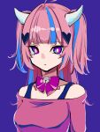  1girl absurdres bangs blue_hair bow breasts bright_pupils collarbone expressionless hair_ornament heart heart_hair_ornament highres horns ironmouse looking_at_viewer medium_breasts multicolored_hair natsume_hinako off-shoulder_shirt off_shoulder pink_hair pink_shirt purple_bow purple_eyes shirt solo streaked_hair two_side_up upper_body virtual_youtuber vshojo white_pupils 