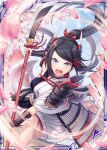  1girl akkijin armor black_hair blue_sky breasts cherry_blossoms floral_print hair_ribbon holding holding_weapon japanese_armor japanese_clothes lance looking_at_viewer medium_breasts official_art open_mouth petals polearm ponytail purple_eyes red_ribbon ribbon shinkai_no_valkyrie sky weapon 