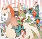  1girl :t akaadagoo antennae arrow_(projectile) bangs blood bloody_clothes blue_eyes blurry blush bob_cut closed_mouth colored_sclera colored_skin commentary_request depth_of_field eating flat_chest flower food food_bite gardevoir gen_1_pokemon gen_3_pokemon green_hair green_skin grin gyarados hair_over_one_eye hand_up happy heart helmet highres holding holding_food holding_vegetable knee_up koinobori leaf leaning_back light_blush looking_at_another looking_at_viewer love_ball magikarp milotic mouth_hold multicolored multicolored_skin outline poke_ball poke_ball_symbol poke_ball_theme pokemon pokemon_(creature) purple_flower red_eyes rope short_hair skirt smile striped striped_background tail tail_hold teeth turnip two-tone_skin vegetable white_outline white_skin white_skirt yellow_headwear yellow_sclera 