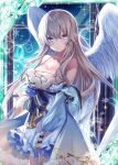  1girl angel angel_wings arm_warmers blonde_hair blue_dress blue_eyes blue_flower blue_ribbon blue_rose breasts collaboration dress flower looking_at_viewer medium_breasts night night_sky official_art ribbed_dress ribbon rose shinkai_no_valkyrie shinki_kakusei_melty_maiden shirosuzu sky smile star_(sky) starry_sky striped striped_ribbon window wings 