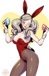  1girl animal_ears blonde_hair blue_eyes blush breasts brown_legwear bunny_ears bunny_tail cuff_links easter_egg egg eyebrows_visible_through_hair kukumomo pantyhose persona persona_5 playboy_bunny simple_background solo_focus tail takamaki_anne twintails 