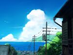  architecture blue_sky cloud commentary_request cumulonimbus_cloud day east_asian_architecture horizon mountain no_humans ocean original outdoors power_lines rooftop scenery seo_tatsuya sky summer transformer tree water 