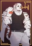  1boy absurdres animal_ears arknights bara bare_shoulders black_tank_top bulge chest_hair covered_abs covered_navel feet_out_of_frame fluffy furry highres holding holding_clothes holding_jacket jacket jacket_removed kage_wolf_(kagewolf1208) large_pectorals looking_at_viewer male_focus mountain_(arknights) muscular muscular_male pants scar scar_across_eye scar_on_arm short_hair solo tail tank_top thick_thighs thighs tiger_boy tiger_ears tiger_tail white_fur white_hair white_pants 