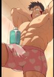  1boy abs absurdres ahr_studio alternate_pectoral_size armpits arms_behind_head bara boruto:_naruto_next_generations boxers bulge erection erection_under_clothes facial_mark feet_out_of_frame from_below heart heart_print highres inuzuka_kiba large_pectorals male_focus male_underwear muscular muscular_male naruto_(series) navel navel_hair nipples object_on_bulge older pink_male_underwear print_male_underwear reward_available sauna shampoo_bottle shampoo_challenge short_hair sideburns smile smug solo spread_legs steam stomach thick_thighs thighs underwear underwear_only 