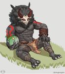  abs ambiguous_gender bandage biceps black_body bottomwear bulge clothed clothing duo genshin_impact goo_creature hilichurl horn humanoid loincloth male mane markings mitachurl muscular muscular_male nipples obliques partially_clothed pecs sitting slime_(genshin_impact) 