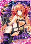  1girl animal_ears bell black_gloves blue_eyes cat_ears cat_tail collaboration gloves hair_ribbon halloween halloween_costume jingle_bell long_hair looking_at_viewer multicolored multicolored_eyes nou_(nounknown) official_art orange_hair red_eyes red_ribbon ribbon shinkai_no_valkyrie shinki_kakusei_melty_maiden smile stomach striped striped_legwear swimsuit tail thighhighs twintails underwear 