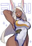  ! 1girl animal_ears arm_behind_back ass_visible_through_thighs boku_no_hero_academia breasts bunny_ears character_name dark_skin dark_skinned_female highleg highleg_leotard highres large_breasts leotard long_eyelashes long_hair looking_at_viewer mirko open_mouth rabbit_girl red_eyes signature silver_hair solo standing superhero taut_leotard thighs toned tongue tongue_out white_background white_leotard wosashimi 