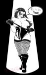  2019 anthro big_breasts boots breasts chimera clothed clothing corset dialogue english_text female fishnet fishnet_legwear footwear fullmetal_alchemist hi_res legwear lingerie mask monochrome nina_tucker nipple_tape pasties simple_background solo tairedfox tape text topwear 