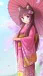  1girl animal_ear_fluff animal_ears bangs blue_sky blush brown_hair cat_ears cherry_blossoms closed_mouth commentary_request day eyebrows_visible_through_hair floral_print flower hair_flower hair_ornament highres holding holding_umbrella iroha_(iroha_matsurika) japanese_clothes kimono long_hair long_sleeves mutsuki_(iroha_(iroha_matsurika)) obi oil-paper_umbrella original outdoors petals pink_kimono print_kimono purple_eyes purple_flower sash sky smile solo umbrella very_long_hair white_flower wide_sleeves 