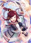  1girl akkijin armor blue_sky breasts cherry_blossoms floral_print hair_ribbon holding holding_weapon japanese_armor japanese_clothes lance medium_breasts official_art open_mouth petals polearm ponytail red_eyes red_hair ribbon shinkai_no_valkyrie sky weapon yellow_ribbon 