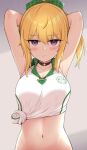  1girl armpits arms_behind_head arms_up bangs black_choker blonde_hair blush bow breasts chloe_(princess_connect!) choker cleavage closed_mouth collarbone commentary_request eyebrows_visible_through_hair gradient gradient_background green_bow grey_background hair_bow highres kamoto_tatsuya large_breasts looking_at_viewer navel princess_connect! princess_connect!_re:dive purple_eyes shirt short_hair short_ponytail sidelocks sleeveless sleeveless_shirt solo stomach tied_shirt upper_body white_shirt 