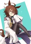  1girl agnes_tachyon_(umamusume) ahoge animal_ears black_legwear boots brown_eyes brown_hair highres horse_ears horse_tail jacket labcoat necktie ogami_kazuki open_mouth pantyhose pen sleeves_past_fingers sleeves_past_wrists solo sweater tail two-tone_background umamusume white_jacket 