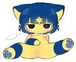  animal_crossing ankha_(animal_crossing) anthro blue_hair blush bodily_fluids domestic_cat egyptian_headdress facing_viewer felid feline felis female front_view genitals hair mammal nintendo nipples pawpads pussy rakket simple_background solo spread_legs spreading tears uraeus video_games white_background yellow_body 