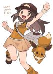  1girl :d arm_up armpits blush_stickers brown_eyes brown_hair brown_headwear character_name clenched_hands commentary_request eevee eyelashes floating_hair gen_1_pokemon hat highres leaf_(pokemon) leg_up long_hair looking_at_viewer loose_socks open_mouth pleated_skirt pokemon pokemon_(creature) pokemon_(game) pokemon_masters_ex pumpkinpan shiny shiny_skin shirt shoes skirt sleeveless sleeveless_shirt smile teeth tongue wristband 