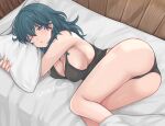  1girl ass bangs bed black_panties black_tank_top blue_eyes blue_hair breasts byleth_(fire_emblem) byleth_(fire_emblem)_(female) cleavage commentary_request feet_out_of_frame fire_emblem fire_emblem:_three_houses from_above highres large_breasts long_hair lying on_side one_eye_closed panties parted_lips pillow shimizu_akina solo tank_top thighs underwear underwear_only 