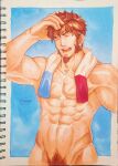  1boy alternate_facial_hair alternate_hairstyle bara brown_hair bulge cowboy_shot facial_hair fate/grand_order fate_(series) goatee hand_on_own_head highres long_sideburns male_focus male_pubic_hair mature_male messy_hair muscular muscular_male naked_towel napoleon_bonaparte_(fate) nude partially_unbuttoned pectorals pubic_hair scar scar_on_chest short_hair sideburns solo towel towel_around_neck traditional_media wet yaosan233 