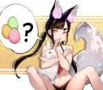  1girl animal animal_ears bangs bare_legs biting black_hair black_shorts bunny chinese_clothes commentary dudou ear_biting easter_egg egg english_commentary fang flower fox_ears fox_girl fox_tail highres holding holding_animal hu-er_(robot_cat) knees_up long_hair looking_at_animal looking_down navel orange_eyes original purple_flower robot_cat short_shorts shorts sidelocks sitting solo spread_legs stomach tail thick_eyebrows twintails whisker_markings 