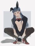  1boy abs animal_ears bangs blue_hair bow bowtie bunny_ears commentary_request crossdressing cu_chulainn_(fate)_(all) earrings fake_animal_ears fangs fate/stay_night fate_(series) grey_background high_heels highres jewelry long_hair looking_at_viewer male_focus meme_attire mondi_hl navel nipples open_mouth red_bow red_eyes red_footwear reverse_bunnysuit reverse_outfit shoes solo squatting thighhighs tongue tongue_out two-tone_background white_background 