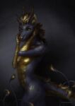  2021 absurd_res anthro asian_mythology black_background black_body black_fur black_sclera breasts digital_media_(artwork) dragon east_asian_mythology eastern_dragon etis featureless_breasts female fur gold_nose gold_scales hair hi_res looking_at_viewer metallic_hair mythology nude pseudo_hair saterina simple_background solo tentacles yellow_eyes 
