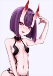  1girl bangs bare_shoulders bob_cut breasts collarbone eyeliner fate/grand_order fate_(series) highres horns looking_at_viewer makeup navel oni oni_horns open_mouth purple_eyes purple_hair revealing_clothes sasabe_opika short_hair shuten_douji_(fate) skin-covered_horns small_breasts smile 
