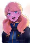  1girl bangs blonde_hair blue_eyes blush check_commentary commentary_request gacha-m gundam gundam_narrative jacket long_hair long_sleeves rita_bernal smile solo upper_body 