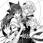  2girls alice_margatroid arm_ribbon ascot bangs bow capelet commentary_request cowboy_shot detached_sleeves dress earrings eyebrows_visible_through_hair frilled_ascot frilled_bow frilled_capelet frilled_hair_tubes frills from_side greyscale hair_between_eyes hair_bow hair_tubes hairband hakurei_reimu hand_up highres holding holding_paper jewelry kaoru_(alicemakoto) lolita_hairband long_hair looking_at_viewer monochrome multiple_girls multiple_rings nontraditional_miko ofuda paper puffy_short_sleeves puffy_sleeves ribbon ribbon-trimmed_sleeves ribbon_trim sash shirt short_hair short_sleeves sidelocks simple_background skirt sleeveless sleeveless_shirt smile string touhou white_background wide_sleeves yin_yang 