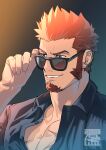 1boy adjusting_eyewear alternate_costume bara black-framed_eyewear black_shirt blue_eyes brown_hair bulge facial_hair fate/grand_order fate_(series) goatee highres long_sideburns looking_to_the_side male_cleavage male_focus mature_male monmonhomon muscular muscular_male napoleon_bonaparte_(fate) partially_unbuttoned pectorals portrait scar scar_on_chest shirt short_hair sideburns smirk smug solo sunglasses textless upper_body 