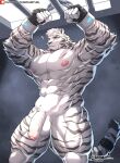  1boy abs animal_ears arknights bara bound bound_wrists bulge completely_nude feet_out_of_frame foreskin furry highres kamyuelo large_pectorals male_focus male_pubic_hair mountain_(arknights) muscular muscular_male navel nipples nude pubic_hair reward_available scar scar_across_eye scar_on_arm scar_on_chest scar_on_leg short_hair solo stomach tail thick_thighs thighs tiger_boy tiger_ears tiger_tail uncensored white_fur white_hair 