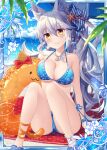  1girl animal_ears beach bikini blue_bikini blue_ribbon blue_sky breasts carpet cat_ears cat_tail clam_shell collaboration coral coral_hair_ornament crescent crescent_earrings dolphin dolphin_hair_ornament earrings flower hair_flower hair_ornament hair_ribbon innertube jewelry looking_at_viewer medium_breasts moon natsumekinoko necklace ocean official_art red_carpet ribbon shinkai_no_valkyrie shinki_kakusei_melty_maiden sitting sky smile starfish starfish_hair_ornament striped striped_ribbon swimsuit tail white_hair yellow_eyes 