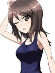  1girl bangs blue_swimsuit brown_eyes brown_hair commentary eyebrows_visible_through_hair girls_und_panzer hand_on_own_head highres key_(gaigaigai123) long_hair looking_at_viewer mika_(girls_und_panzer) no_hat no_headwear one-piece_swimsuit open_mouth school_swimsuit simple_background solo swimsuit upper_body wet white_background 