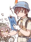  1boy 1girl backpack bag biting_arm brown_eyes brown_hair bucket_hat captain_(kemono_friends) collared_shirt commentary_request eyebrows_visible_through_hair gloves habu_(kemono_friends) hat hat_feather hood hoodie kemono_friends kemono_friends_3 khakis long_sleeves neckwear notebook print_hoodie shirt short_hair short_sleeves single_glove snake_print snake_tail tail tanaka_kusao translation_request uniform white_gloves yellow_eyes 