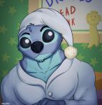  2021 alien anthro anthrofied black_eyes black_nose blue_body blue_fur bust_portrait clothed clothing cute_fangs digital_drawing_(artwork) digital_media_(artwork) disney experiment_(lilo_and_stitch) eyebrows fur grainy hat head_tuft headgear headwear hi_res lilo_and_stitch looking_at_viewer male mouldirou muscular muscular_male pajamas portrait ribbons solo stitch_(lilo_and_stitch) text tuft vignette 