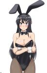  1girl absurdres animal_ears ass_visible_through_thighs bare_shoulders black_eyes black_hair black_leotard black_neckwear blush bow bowtie breasts bunny_ears cleavage cowboy_shot crossed_arms detached_collar fake_animal_ears hair_ornament hairclip highres kasutera_mikan large_breasts leotard long_hair looking_up nose_blush pantyhose playboy_bunny sakurajima_mai seishun_buta_yarou simple_background solo strapless strapless_leotard thigh_gap white_background wrist_cuffs 