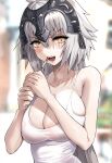  1girl areola_slip areolae biting blurry blurry_background breasts cigarette cleavage commentary_request eyebrows_visible_through_hair fate/grand_order fate_(series) headpiece highres jeanne_d&#039;arc_(alter)_(fate) jeanne_d&#039;arc_(fate)_(all) large_breasts lighting_cigarette long_hair looking_at_viewer open_mouth see-through silver_hair smoking solo standing suou-sensei tank_top upper_body yellow_eyes 
