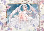  barefoot blush flowers gray_hair halo long_hair original pointed_ears umi_no_mizu wings yellow_eyes 