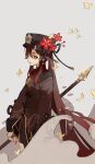  1girl absurdres black_headwear brown_coat chinese_clothes coat cowboy_shot flower flower-shaped_pupils genshin_impact grey_background hat highres holding holding_polearm holding_weapon hu_tao kurattes leaves_in_wind long_hair plum_blossoms polearm ponytail shorts simple_background smoke solo symbol-shaped_pupils thumb_ring weapon 