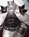  1boy animal_ears arknights bandaged_arm bandages bara black_tank_top bulge covered_abs covered_navel cowboy_shot fingerless_gloves frown furry gloves highres jacket jacket_on_shoulders large_pectorals looking_at_viewer male_focus mountain_(arknights) muscular muscular_male pants scar scar_across_eye short_hair shoulder_spikes solo spikes tank_top thighs tiger_boy tiger_ears tontorokko_(10ntor0) white_fur white_hair white_pants 