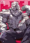  1boy abs absurdres animal_ears arasukanya_(littleblackalas) arknights bara bulge chain_necklace feet_out_of_frame fluffy furry grey_pants highres large_pectorals looking_at_viewer male_focus mountain_(arknights) muscular muscular_male navel nipples pants scar scar_across_eye scar_on_arm scar_on_chest scar_on_stomach shirtless short_hair sitting solo spread_legs stomach tail tail_raised tiger_boy tiger_ears tiger_tail white_fur white_hair 