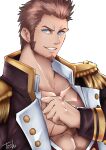  1boy absurdres bara blue_eyes brown_hair bulge epaulettes facial_hair fate/grand_order fate_(series) fringe_trim goatee highres long_sideburns long_sleeves male_cleavage male_focus mature_male miyata_kei_(toshimiyata4) muscular muscular_male napoleon_bonaparte_(fate) open_clothes open_shirt partially_unbuttoned pectorals scar scar_on_chest short_hair sideburns solo 